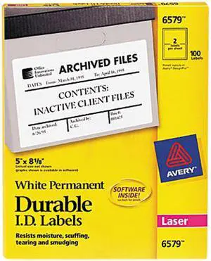 Avery 6579 Permanent ID Laser Labels, 5 x 8-1/8, White, 100/Pack