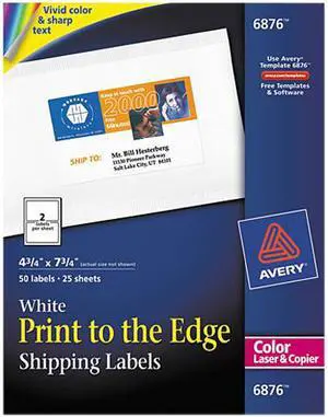 Avery Shipping Labels, Sure Feed Technology, Print to the Edge, Permanent Adhesive, 4-3/4" x 7-3/4", 50 Labels (6876)