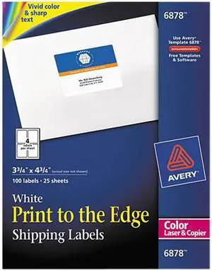 Avery Shipping Labels, Sure Feed Technology, Print to the Edge, Permanent Adhesive, 3-3/4" x 4-3/4", 100 Labels (6878)