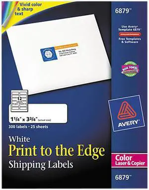 Avery Print to the Edge Shipping Labels for Color Laser Printers and Copiers, Sure Feed Technology, 1-1/4" x 3-3/4", 300 Labels (6879)