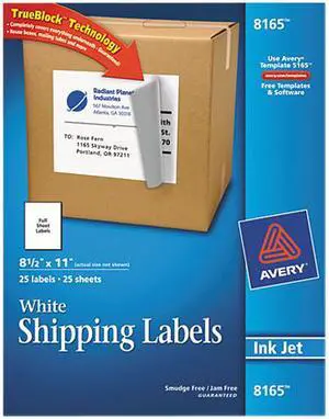 Avery Shipping Labels, TrueBlock Technology, Permanent Adhesive, 8.50" x 11.00", 25 Labels (8165)