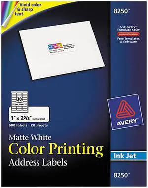Avery Color Printing Labels, Sure Feed Technology, Permanent Adhesive, Matte, 1.00" x 2.63", 600 Labels (8250)