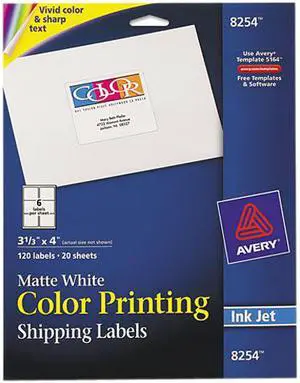 Avery Color Printing Labels, Sure Feed Technology, Permanent Adhesive, Matte, 3.33" x 4.00", 120 Labels (8254)
