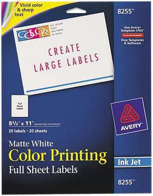 Avery Color Printing Labels, Permanent Adhesive, Matte, 8.50" x 11.00", 20 Labels (8255)