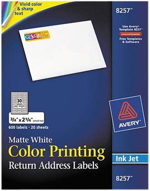 Avery 8257 Inkjet Labels for Color Printing, 3/4 x 2-1/4, Matte White, 600/Pack