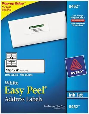 Avery 8462 Easy Peel Inkjet Address Labels, 1-1/3 x 4, White, 1400/Box