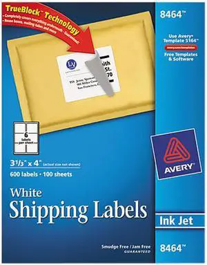 Avery 8464 Shipping Labels with TrueBlock Technology, 3-1/3 x 4, White, 600/Box