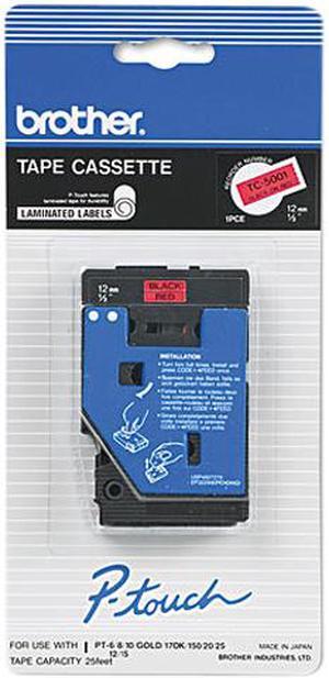 Brother TC-5001 P-touch Laminated Tape, 12.7mm (0.5") Black-On-Red Tape 7.62m (25') - 1 Each