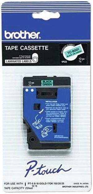 Brother TC8001 P-touch Laminated Tape, 1 pk 12mm (0.47") Black on Green tape for P-Touch 7.7m (25.2 ft)