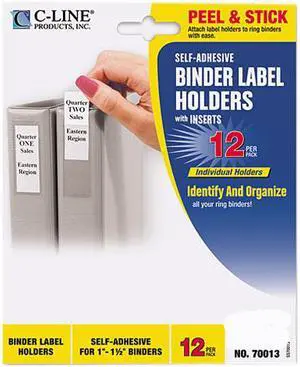 C-line 70013 Self-Adhesive Ring Binder Label Holders, Top Load, 3/4 x 2-1/2, Clear, 12/Pack