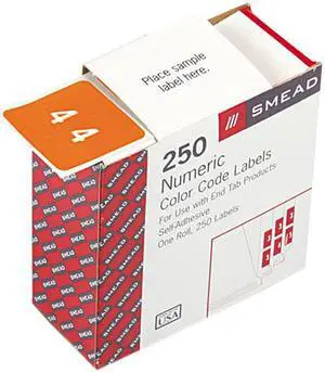 Smead 67424 Single Digit End Tab Labels, Number 4, White-on-Orange, 250/Roll