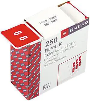Smead 67428 Single Digit End Tab Labels, Number 8, White-on-Red, 250/Roll