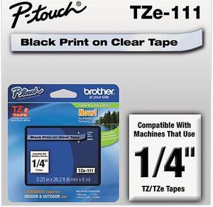 Brother TZE111TZe Standard Adhesive Laminated Labeling Tape, 1/4w, Black on Clear