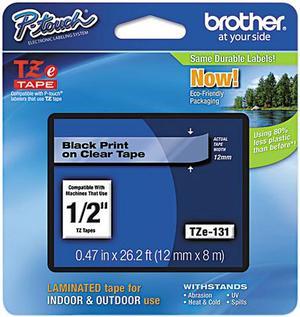 Brother P-Touch BRTTZE131 TZe Standard Adhesive Laminated Labeling Tape, 1/2"w, Black on Clear