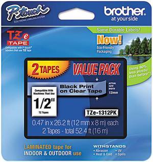 Brother TZE1312PK P-Touch TZ Series Tape, 0.5"w, Black on Clear,2/Pack
