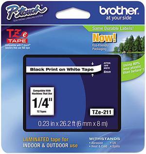 Brother TZE211 TZ Label Tape Cartridge 0.25" Width x 26 ft Length - 1 Each - White