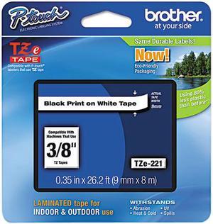 Brother TZE221 TZe Standard Adhesive Laminated Labeling Tape 0.38" Width x 26.20 ft Length - 1 Each - White