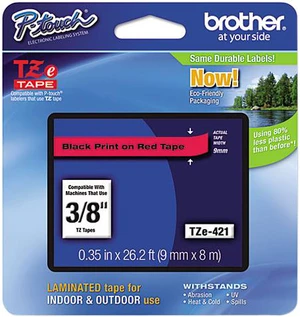 Brother P-Touch TZ Series Lettering Tape, 3/8", Black on Red Brother P-Touch TZ Series Lettering Tape, 3/8", Black on Red