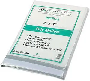 Quality Park 46190 Redi-Strip Recycled Poly Mailer, Side Seam, 9 x 12, White, 100/Pack