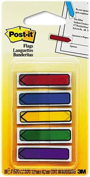 Post-it Flags 684-ARR1 Arrow 1/2" Flags, Blue/Green/Orange/Red/Yellow, 20/Color, 100/Pack