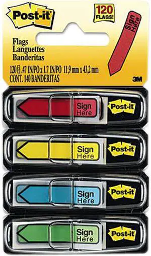 Post-it Flags 684-SH Arrow Message 1/2" Flags, "Sign Here", 4 Colors w/Dispensers, 120/Pack