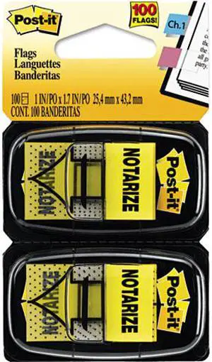 Post-it Flags 680-NZ2 Arrow Message 1" Flags, "Notarize," Yellow, 2 50-Flag Dispensers/Pack