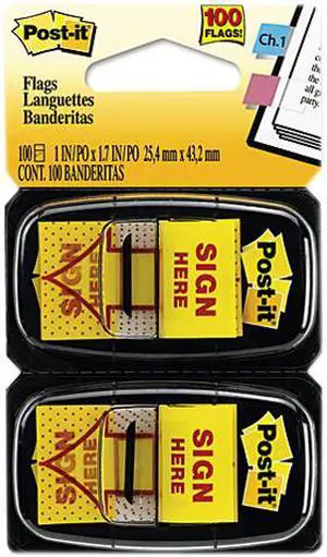 Post-it Flags 680-SH2 Arrow Message 1" Flags, "Sign Here", Yellow, 2 50-Flag Dispensers/Pack