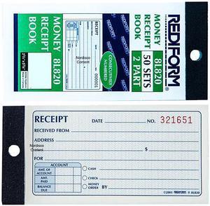 Rediform 8L820 Small Money Receipt Book, 5 x 2 3/4, Carbonless Duplicate, 50 Sets/Book