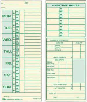 Tops 1291 Time Card for Pyramid Model 331-10, Weekly, Two-Sided, 3-1/2 x 8-1/2, 500/Box