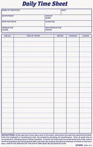 Tops 30041 Daily Time and Job Sheets, 6 x 9-1/2, 100/Pad, 2/Pack
