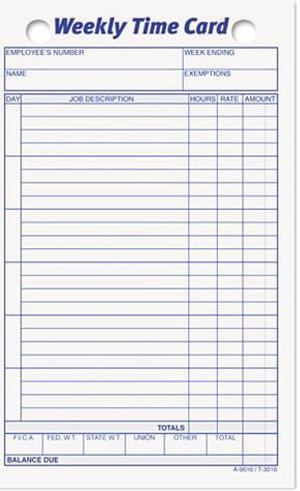 Tops 3016 Employee Time Card, Weekly, 4-1/4 x 6-3/4, 100/Pack