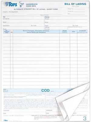 Tops 3846 Snap-Off Bill of Lading,16-Line, 8-1/2 x 11, Three-Part Carbonless, 50 Forms