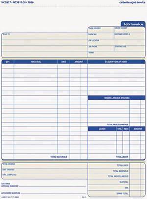Tops 3866 Snap-Off Job Invoice Form, 8-1/2 x 11, Three-Part Carbonless, 50 Forms