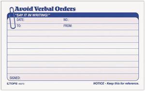 Tops 46373 Avoid Verbal Orders Manifold Book, 7 x 4-1/4, Two-Part Carbonless, 50 Sets/Book