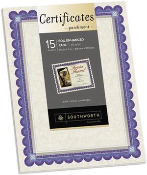 Foil-Enhanced Parchment Certificates, Ivory w/Silver , 24 lb, 8.5 x 11, 15/Pk