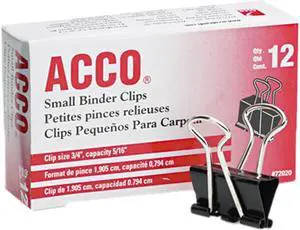 Acco 72020 Small Binder Clips, Steel Wire, 5/16" Cap., 3/4"w, Black/Silver, Dozen