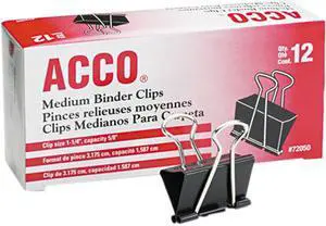 Acco 72050 Medium Binder Clips, Steel Wire, 5/8" Cap., 1-1/4"w, Black/Silver, Dozen