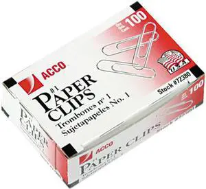 Acco 72380 Smooth Economy Paper Clip, Steel Wire, No. 1, Silver, 100/Box, 10 Boxes/Pack