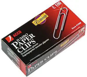 Acco 72500 Smooth Finish Premium Paper Clips, Wire, Jumbo, Silver, 100/Box, 10 Boxes/Pack