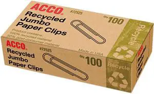 Acco Recycled Paper Clip Jumbo - 1.56" Width - 100 / Box - Silver