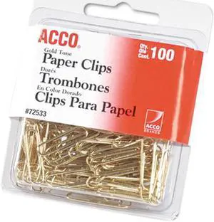 Acco 72533 Paper Clips, Wire, No. 2, 1-1/8", Gold Tone, 100/Box