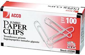 Acco 72580 Smooth Economy Paper Clip, Steel Wire, Jumbo, Silver, 100/Box, 10 Boxes/Pack