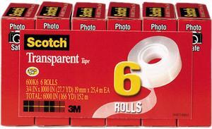 Scotch 600K6 Transparent Glossy Tape, 3/4" x 1000", 1" Core, Clear 6/Box