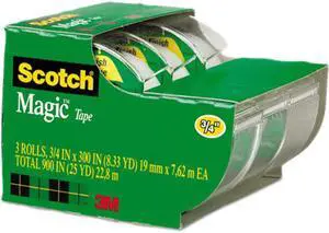 Scotch 3105 Magic Office Tape, Refillable Dispenser, 3/4" x 300", 3/Box