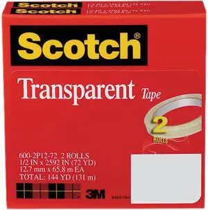 Scotch 600-2P12-72 Transparent Tape 600-2P12-72, 1/2" x 2592", 3" Core, Transparent, 2 Rolls