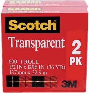 Scotch 600H2 Transparent Tape Roll, 1/2" x 1296", Clear