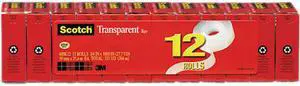 Scotch 600K12 Transparent Glossy Tape, 3/4" x 1000", 1" Core, Clear, 12/Pack