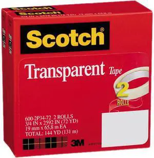 Scotch 600-2P34-72 Transparent Tape 600-2P34-72, 3/4" x 2592", 3" Core, Transparent, 2 Rolls