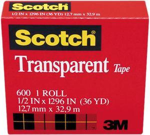 Scotch Transparent Glossy Tape, 1/2" x 1296", 1" Core, Clear, 1 per roll