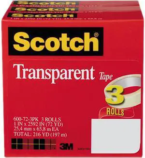 Scotch 600-72-3PK Transparent Tape 600-72-3PK, 1" x 2592", 3" Core, Transparent, 3 Rolls